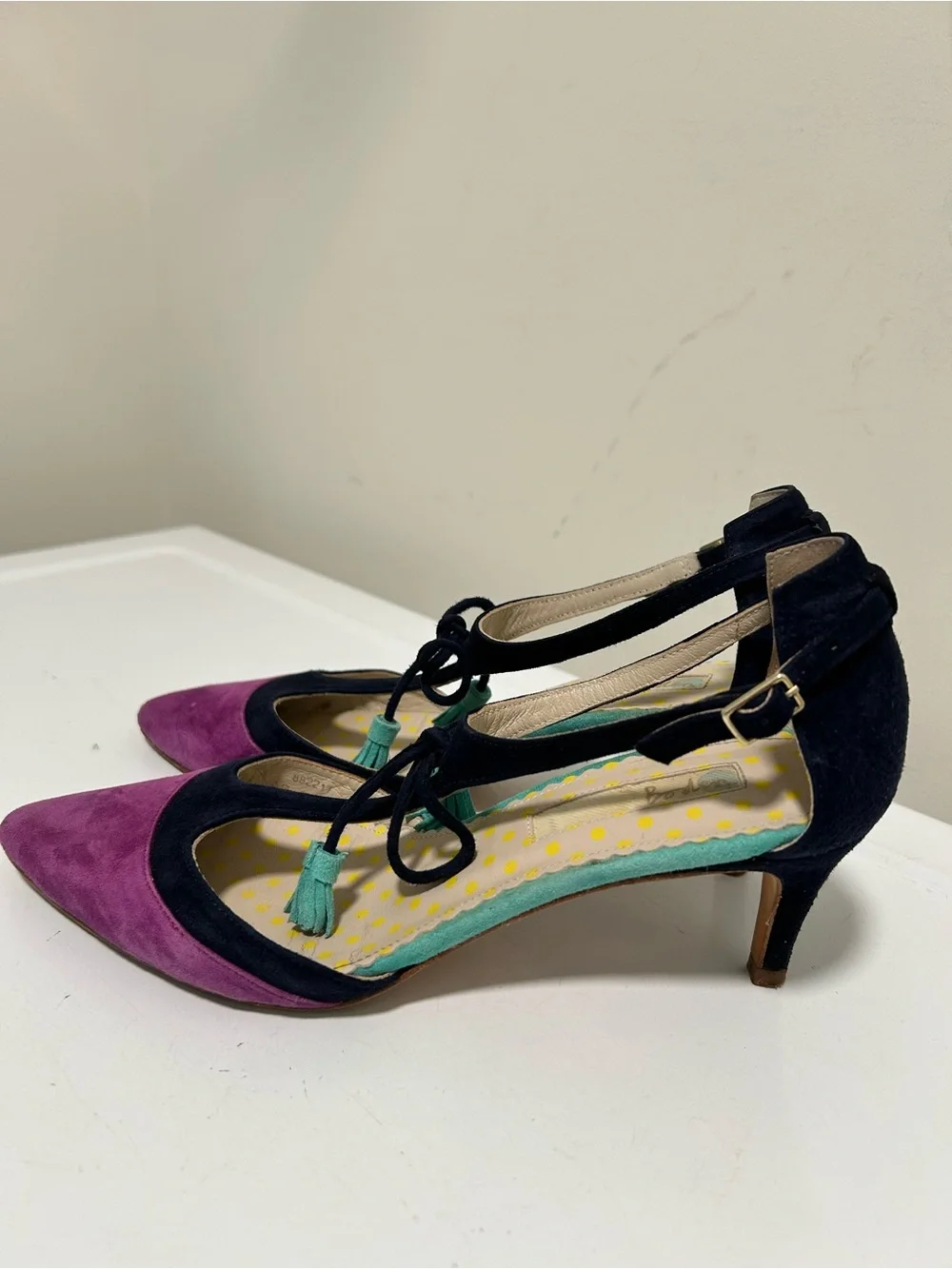 Boden Alice Suede Tassel Heels Pointed Toe Navy Purple Size 6 US 37 EU